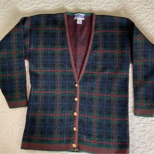 PENDLETON Green & Red Plaid Wool V-Neck Cardigan Sweater Women’s Petite Medium